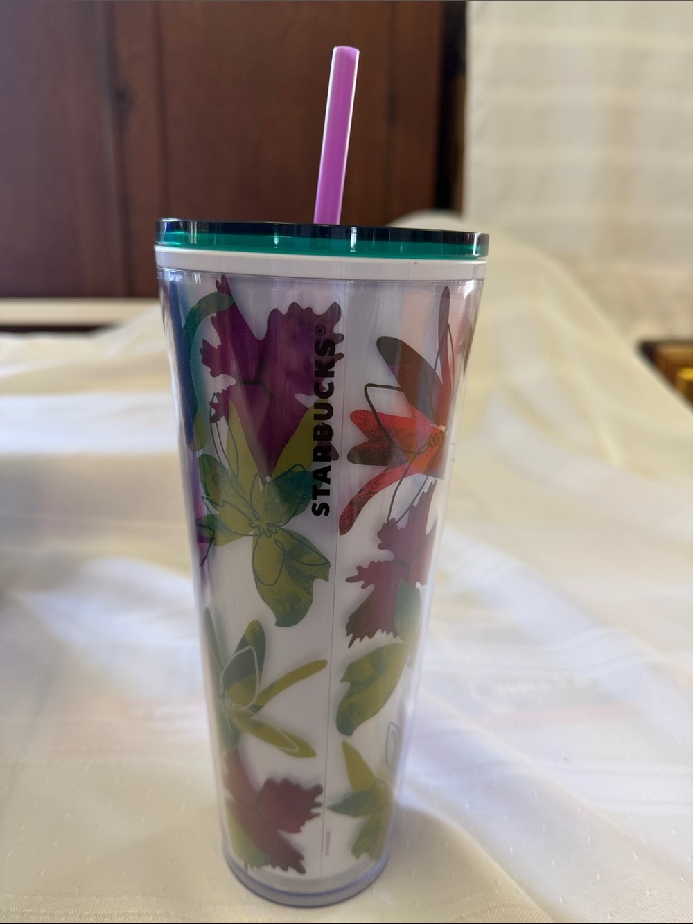 Starbucks Floral Tumbler - White with Green Rim and Purple Straw